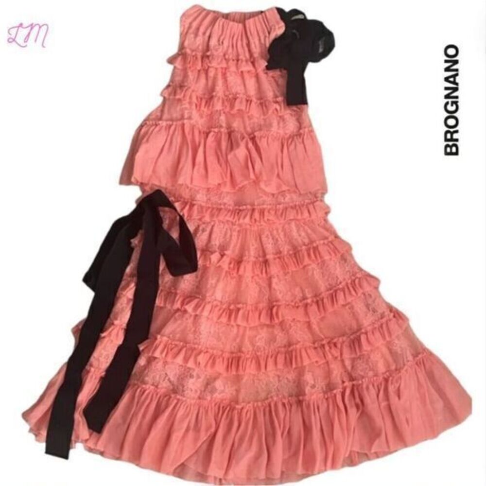 Brognano Salmon Pink Ruffled Lace Halter Dress Romantic Tiered Size US 6 IT 42‎